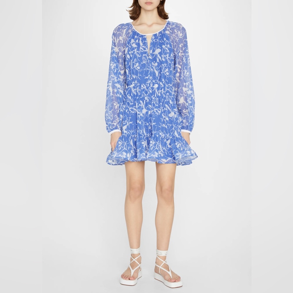 Jonathan Simkhai Blue Floral Harlow Tiered Long-Sleeve Mini Dress - Picture 2 of 6